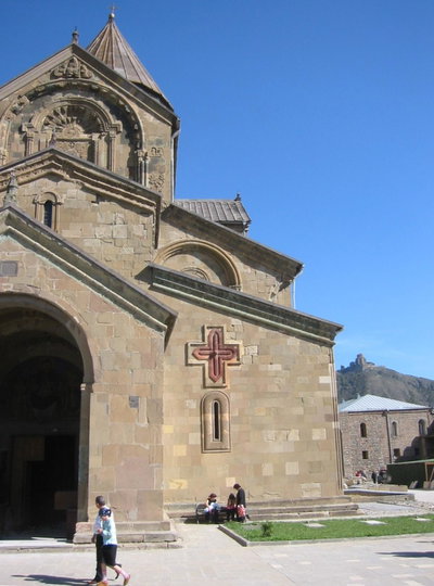 11th c. Svetitskhoveli Cathedral in Mtskheta, Jvari Monestary in background right, Mtskheta, 2009