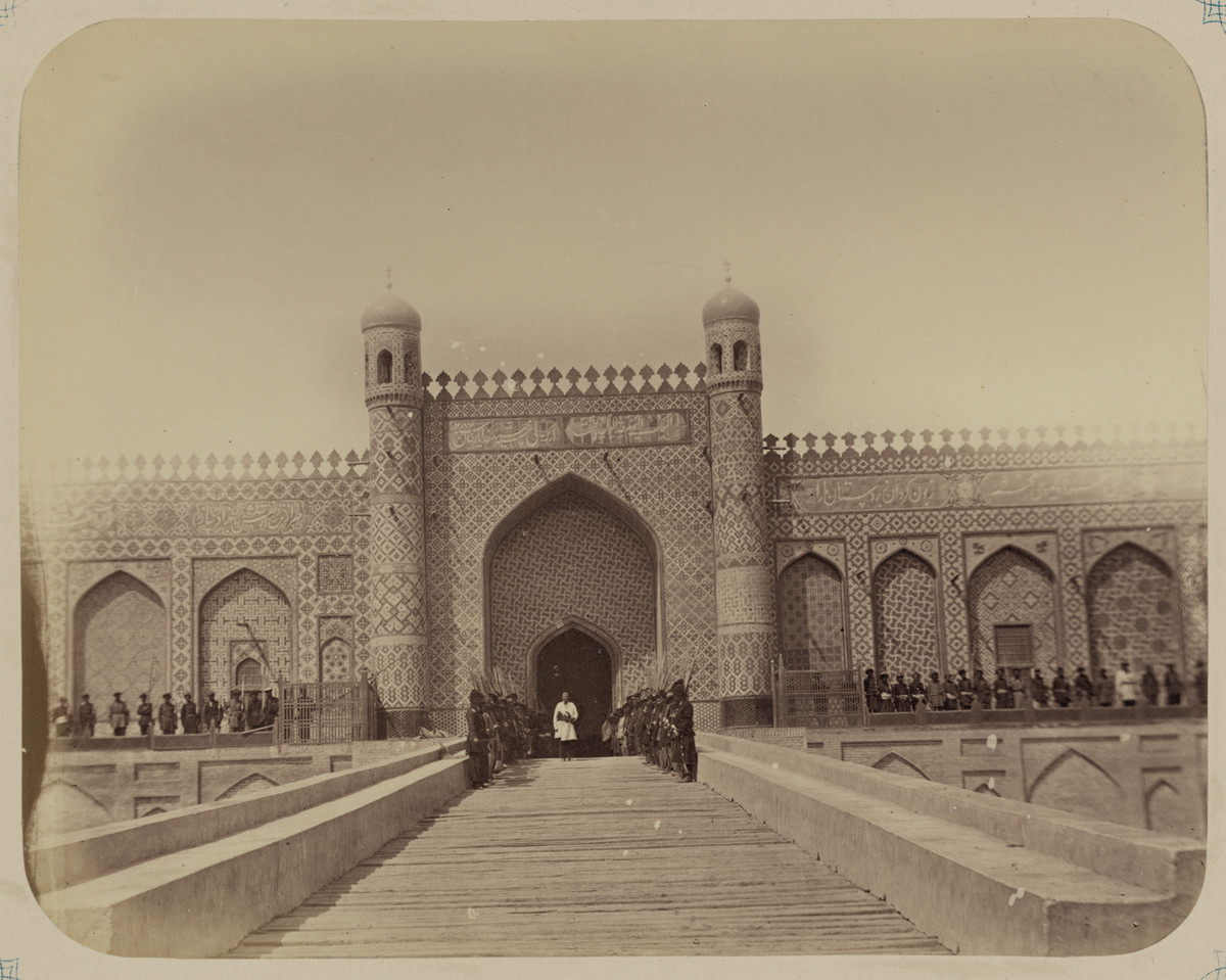 Kokand Khanate. City of Kokand. Palace of Said Khudoyar Khan, with Soldiers of the Kokand Khan's Army Standing Outside the Entrance, and a Russian Officer Standing in the Center, Kokand, Uzbekistan, 1868