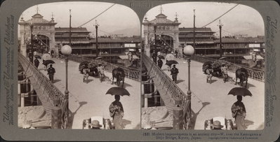 EU: Stereobild av bron Shijo Bridge, Kimogawa, Kyoto. (1904), Kyoto, 1904