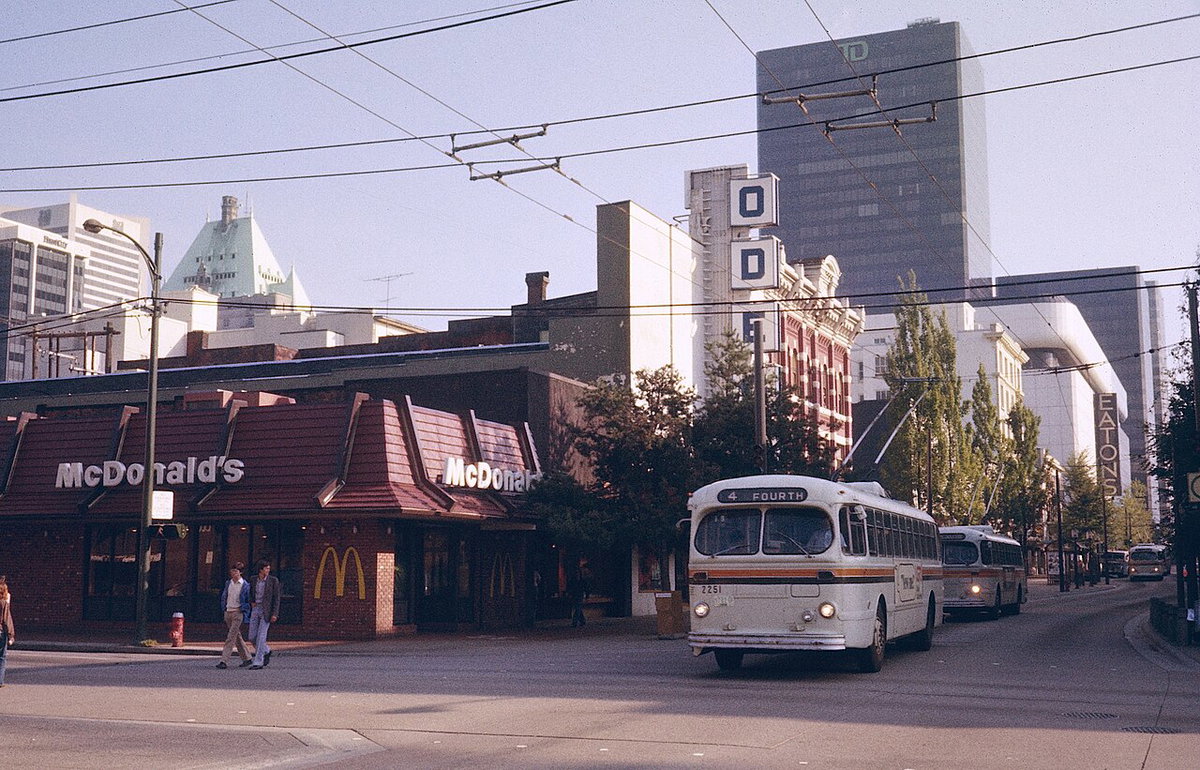 Vancouver 1981 - Brill trolleybuses southbound on the Granville Mall at Smithe St, Vancouver, Canada, 1981