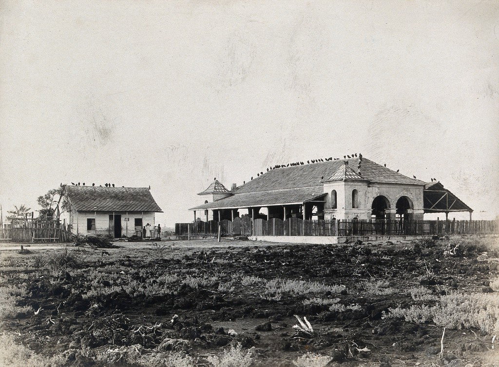 EU: Cartagena, Colombia: a large stone building used for the market, next to a wooden house. Photograph, 1910/1920 (?). (1915), Cartagena, Colombia, 1915