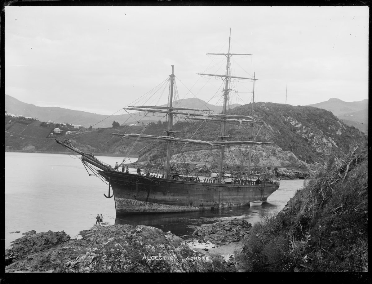 Sailing ship Alcestis run aground, probably in Otago Harbour, Dunedin, New Zealand, 1880