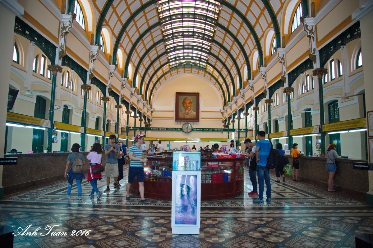 Postal inside buildings squeezed through 3 centuries in Saigon, Ho Chi Minh City, Vietnam, 2016