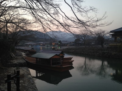 Boats in Oigawa River at dusk, Kyoto, 2014