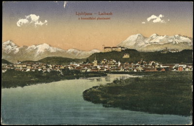 Razglednica Ljubljane s kamniškimi planinami, Ljubljana, 1917