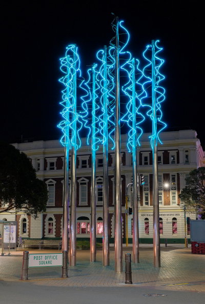 'SkyBlues' sculpture lit up at night, Wellington, 2024