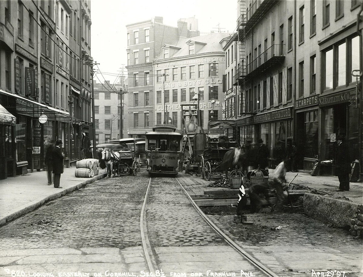 Looking easterly on Cornhill from opposite Franklin Avenue, April, Boston, United States, 1897