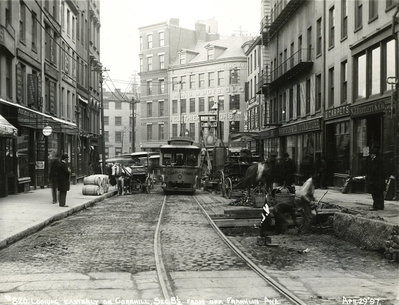 Looking easterly on Cornhill from opposite Franklin Avenue, April, Boston, 1897