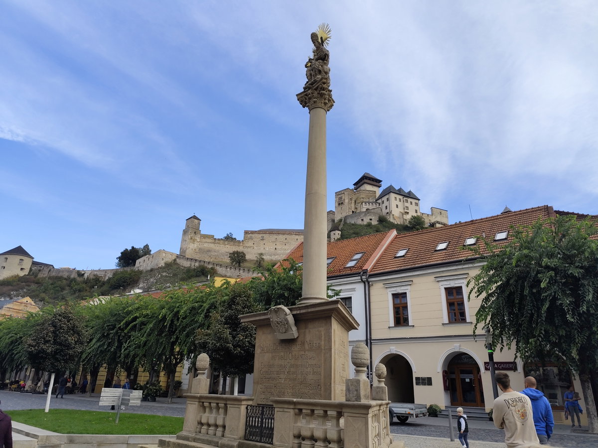Plage column, Trenčín, with the castle in the background, Trenčín, Slovakia, 2025