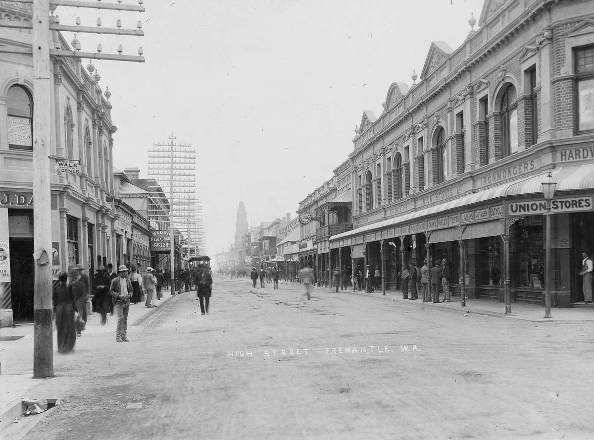 High Street from Union Stores towards Town Hall, SLWA, Fremantle, Western Australia, Australia, 1897