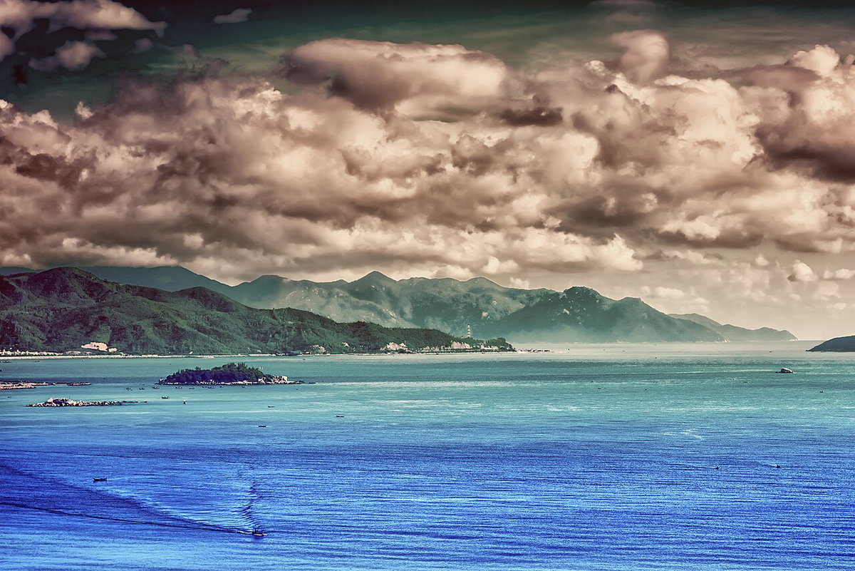 Sea, clouds, and mountains of Vietnam, Nha Trang, Vietnam, 2016