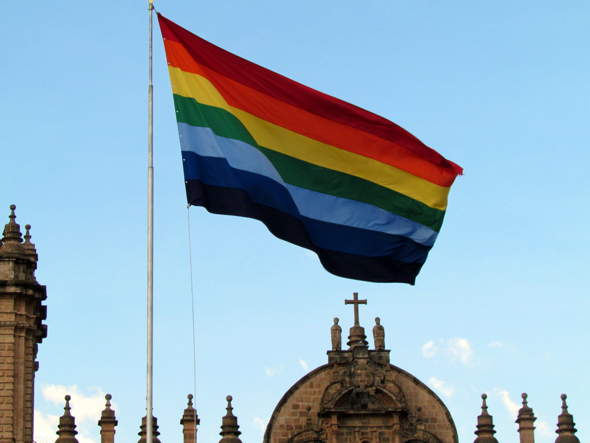 127 Inca Flag over Cathedral Cusco Peru, Cusco, Peru, 2014