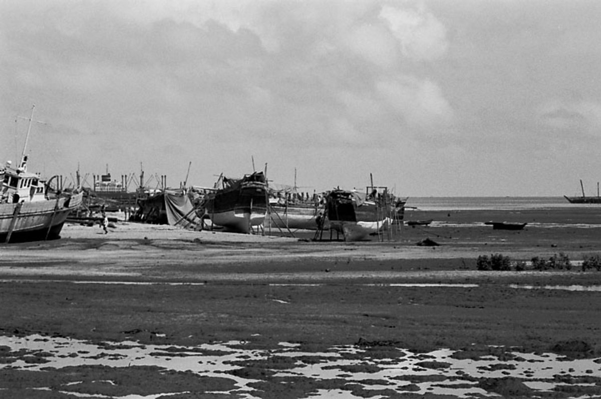 EU: Afrikaresa, Zanzibar - boats beached at low tide (1961), Zanzibar Town, Tanzania, 1961