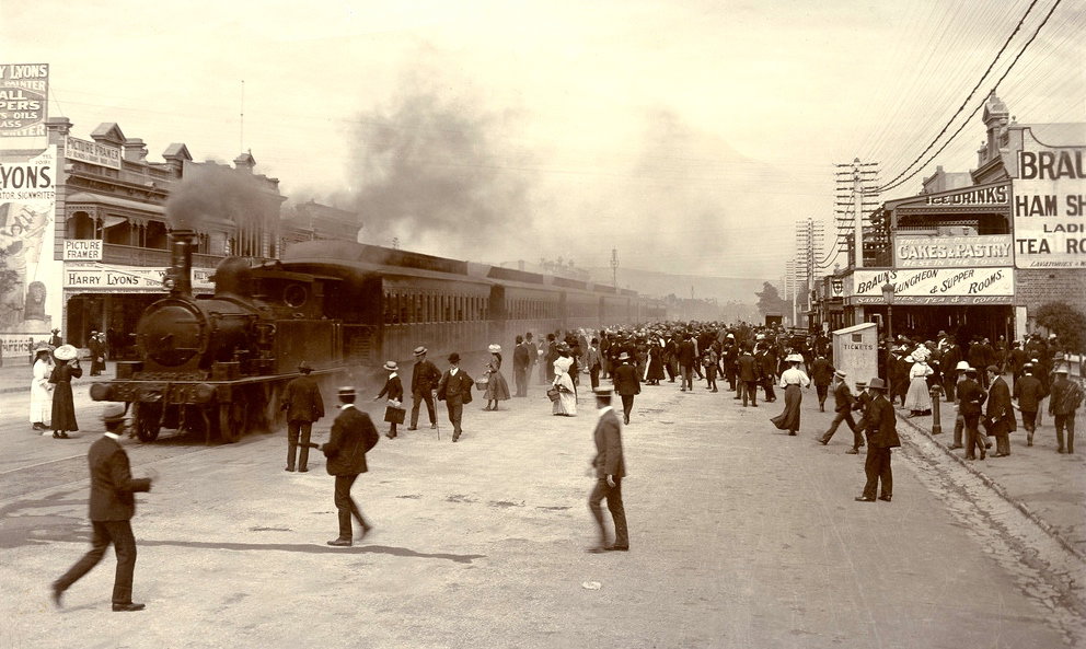 Glenelg train (smoking), King William Street terminus, Adelaide, (SLSA B-4397), Adelaide, Australia, 1899