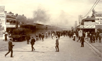 Glenelg train (smoking), King William Street terminus, Adelaide, (SLSA B-4397), Adelaide, 1899