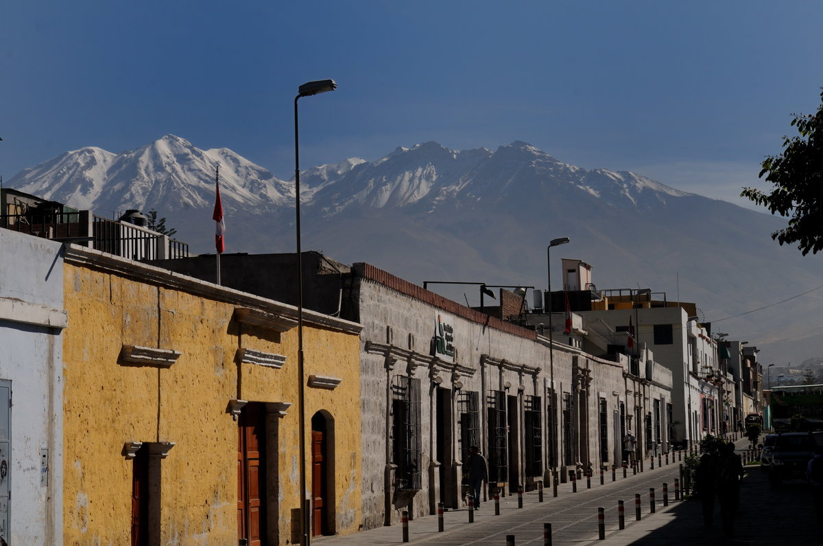 ARE - Historic street with Andean mountains in Arequipa, Peru, Arequipa, Peru, 2013