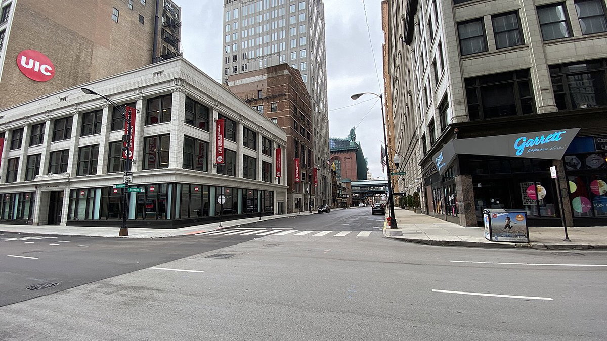 Empty Jackson Street and Plymouth Court, Chicago, United States, 2020