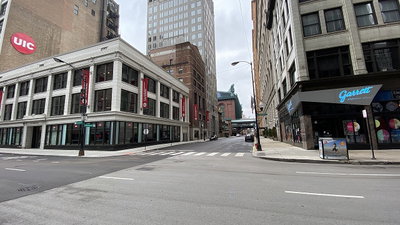 Empty Jackson Street and Plymouth Court, Chicago, 2020