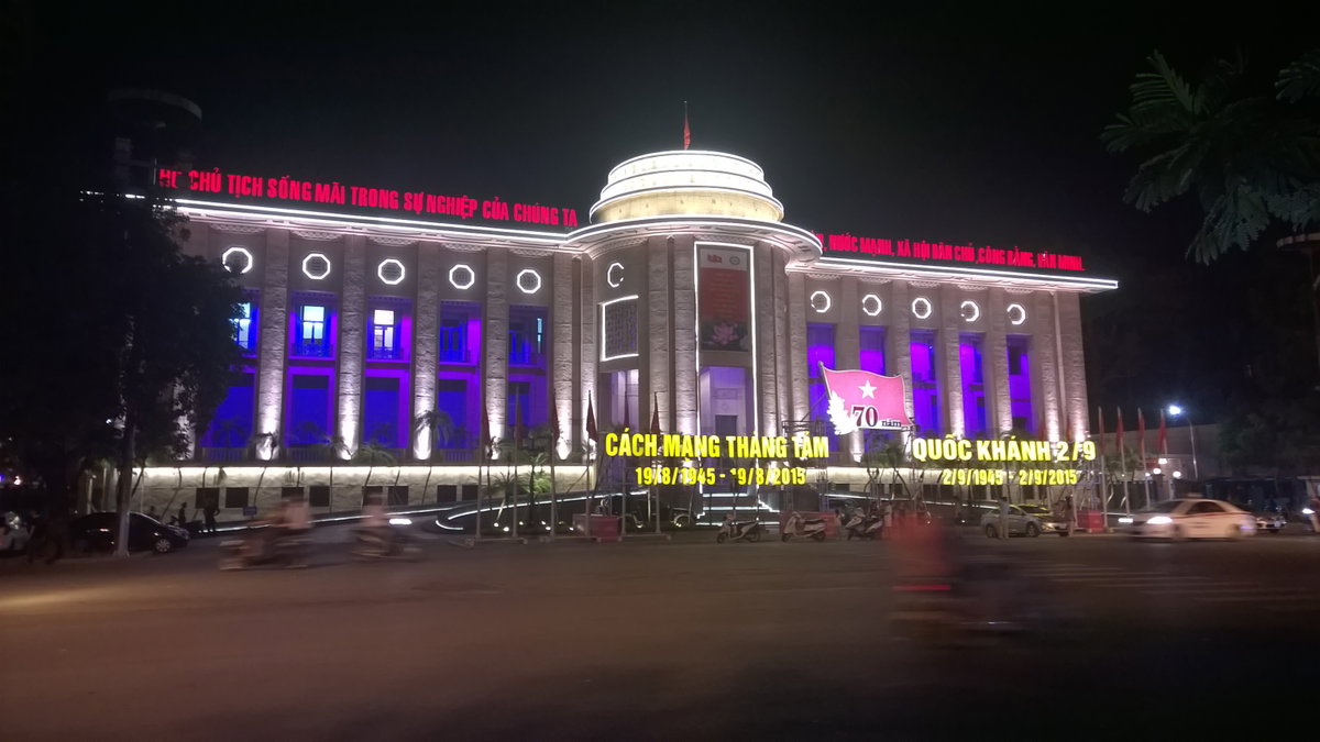 Seventy years of Vietnamese independence at the State Bank of Vietnam at night, Hanoi, Vietnam, 2015