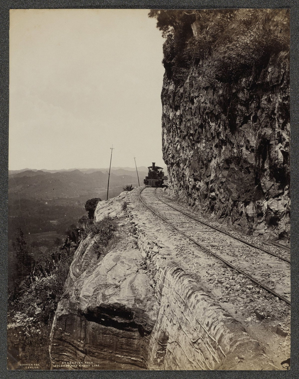 Train at Sensation Rock, Ceylon railway, Kandy, Sri Lanka, 1880
