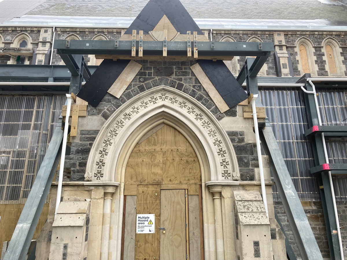 Christ Church Cathedral 2024 mothballed south entrance, Christchurch, New Zealand, 2024