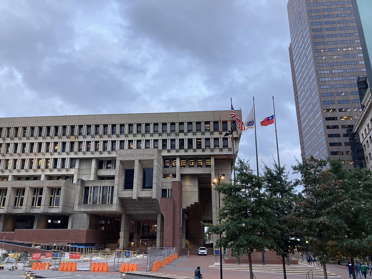 Boston City Hall with USA and ROC National Flags 03, Boston, United States, 2021