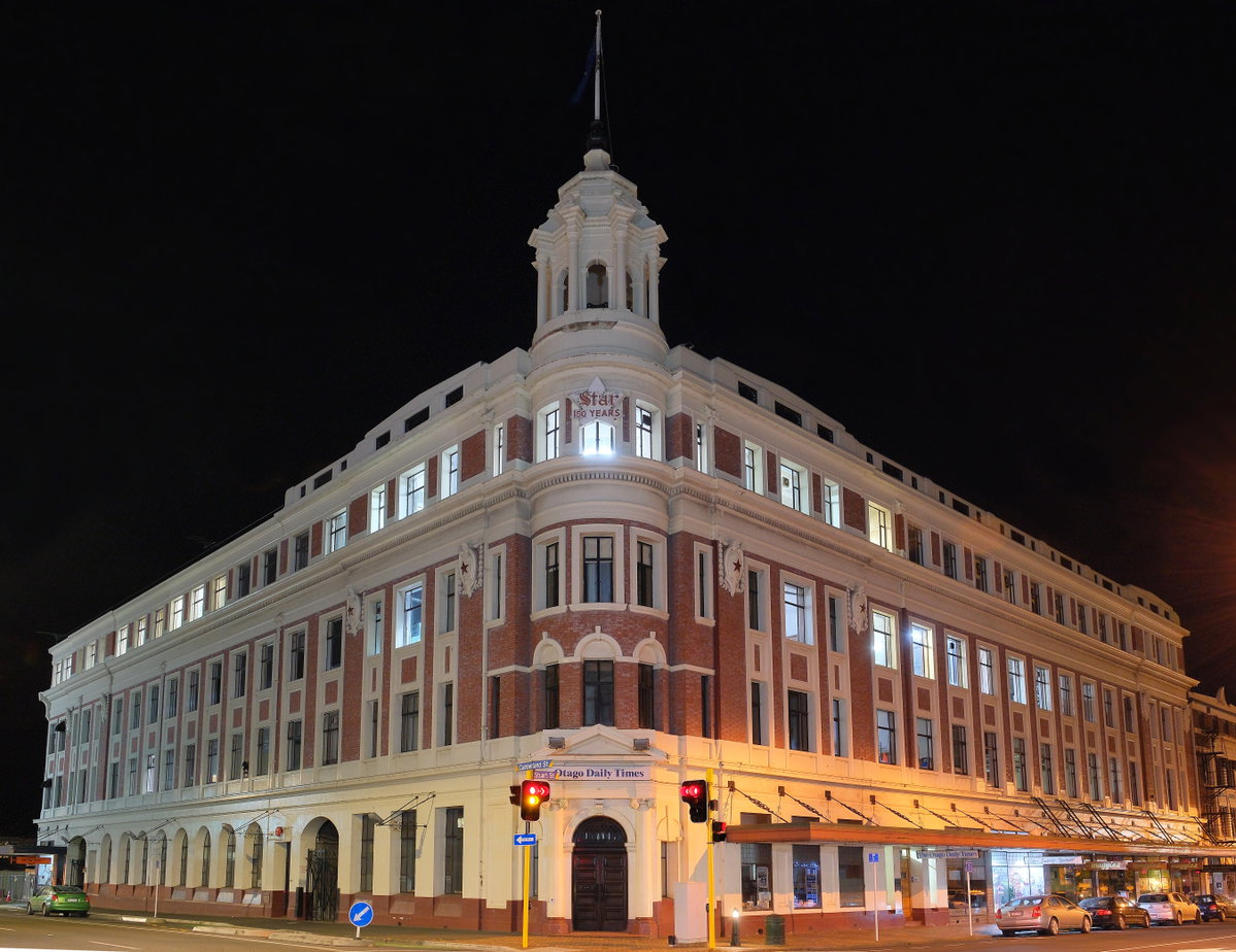 Allied Press building at night, Dunedin, New Zealand, 2023