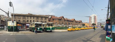 Panorama of Valparaíso's Barón terminus with many Pullman trolleybuses (2017), Valparaíso, 2017