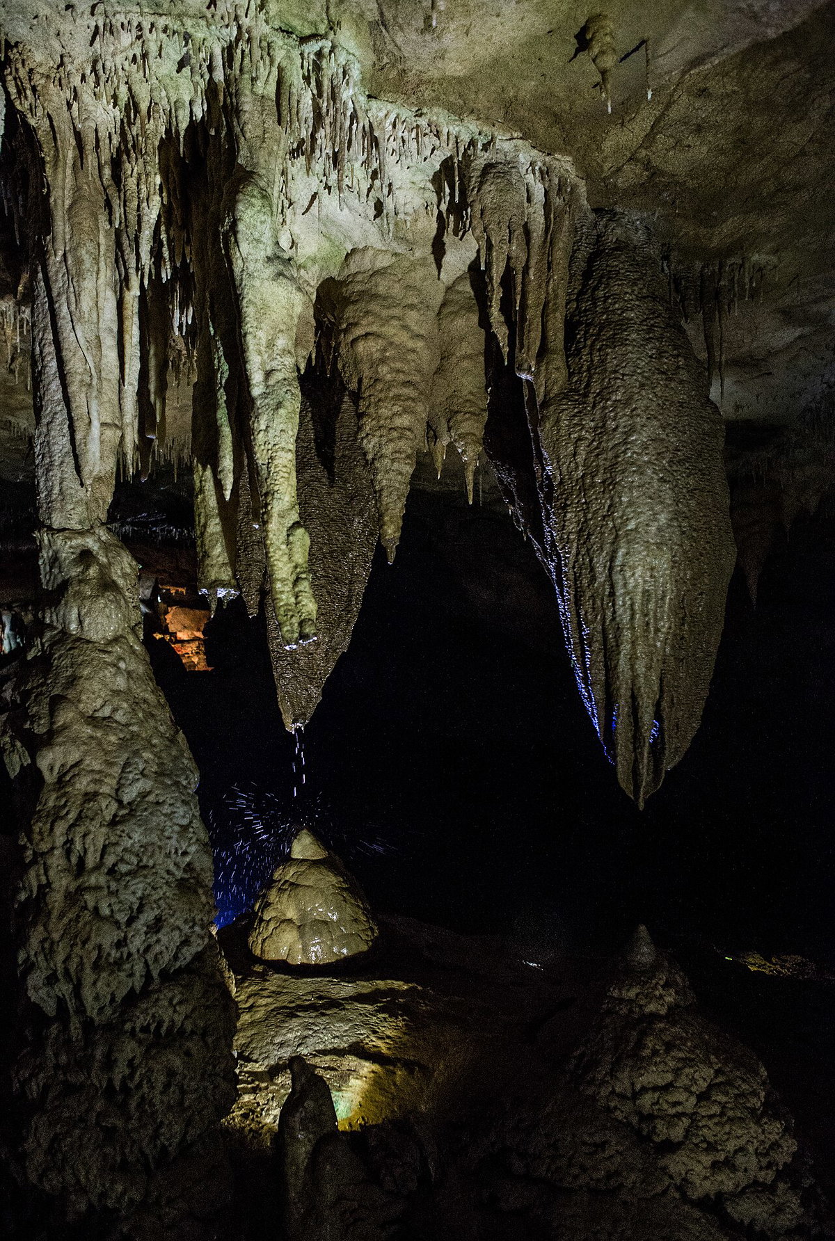 Promethus cave dripping stalagtite forming column, Georgia, Kutaisi, Georgia, 2017