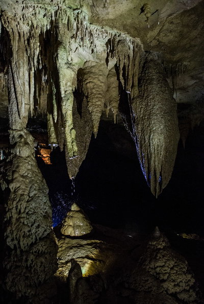 Promethus cave dripping stalagtite forming column, Georgia, Kutaisi, 2017