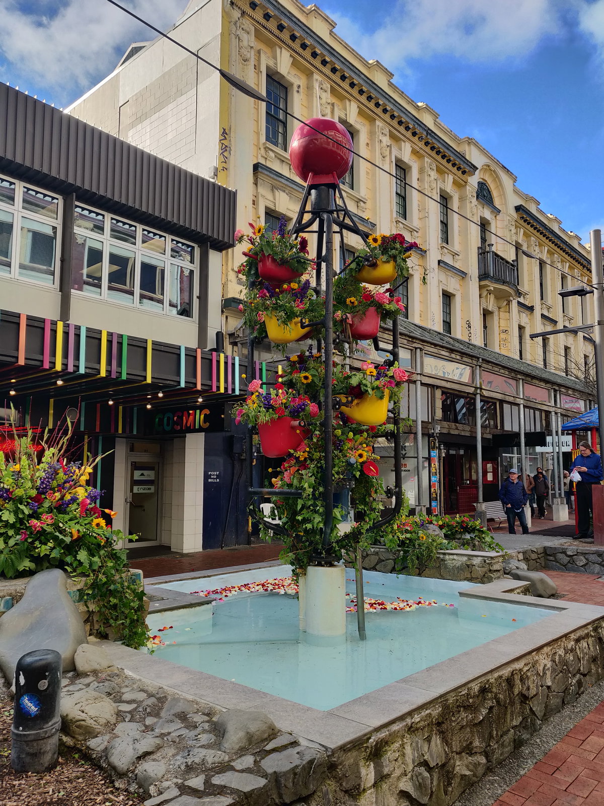 Bucket Fountain with flowers, Wellington, New Zealand, 2018