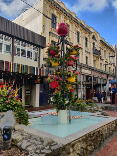 Bucket Fountain with flowers, Wellington, 2018