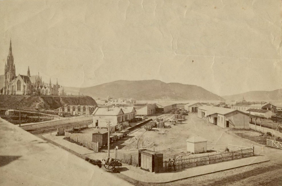 First Church of Otago and Dunedin's 1st and 2nd stations, Dunedin, New Zealand, 1875