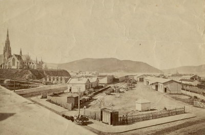 First Church of Otago and Dunedin's 1st and 2nd stations, Dunedin, 1875
