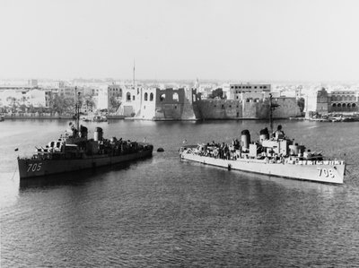 USS Compton (DD-705) and USS Gainard (DD-706) moored in Tripoli Harbor in October, Tripoli, 1948